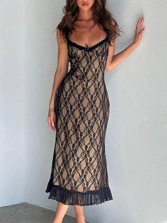 Image of Lace V-Neck Midi Cami Dress | Queeble.shop