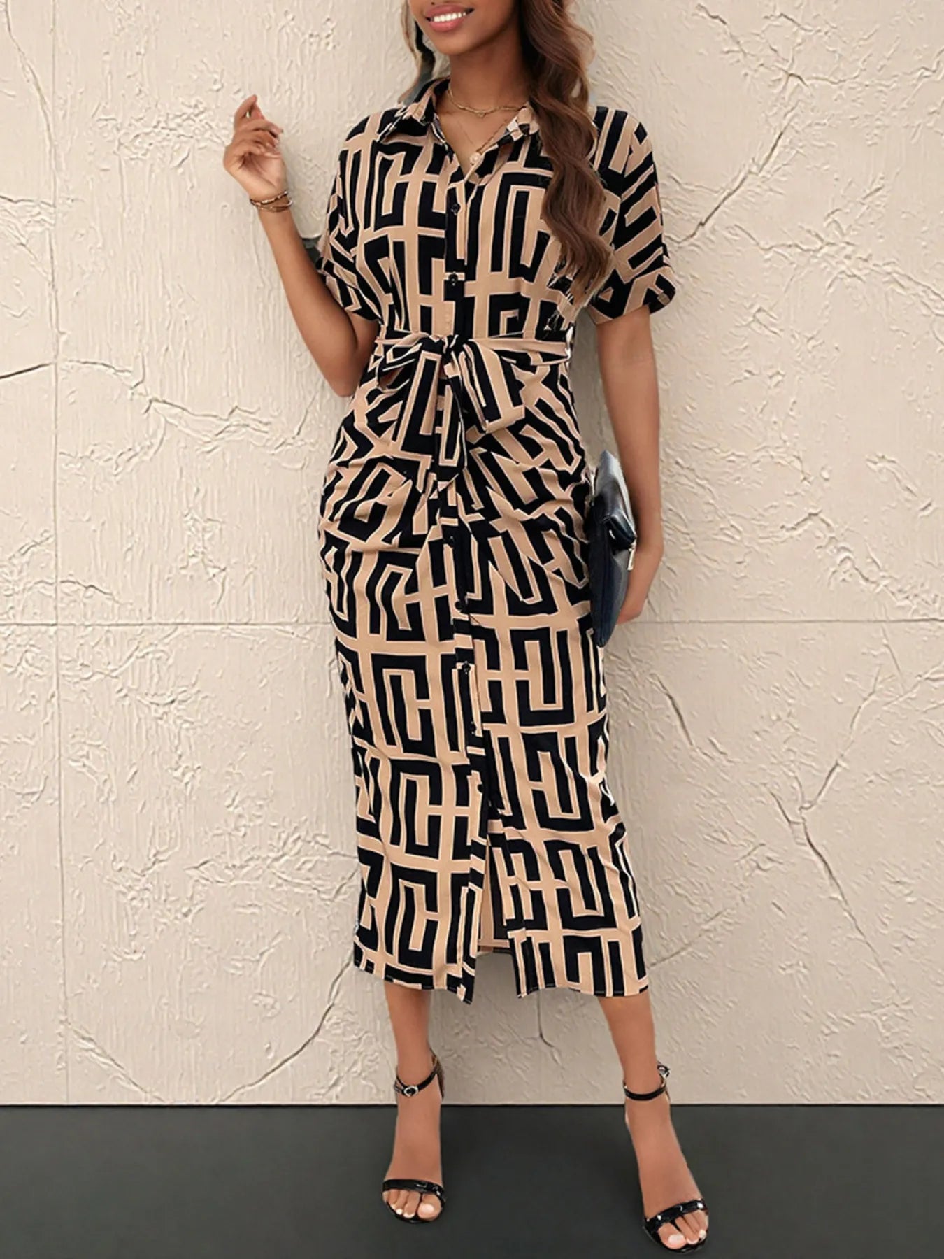 Image of Geometric Print Belted Midi Dress | Queeble.shop