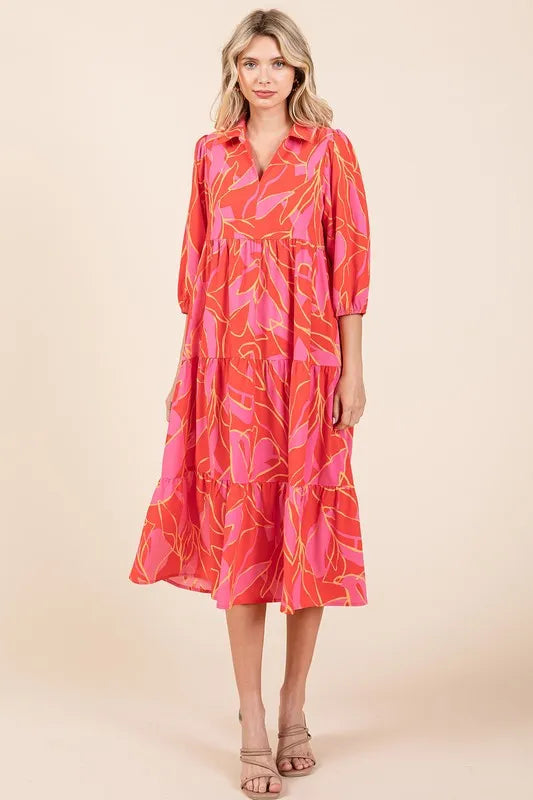 Image of Mittoshop Tiered Printed Collared Neck Midi Dress | Queeble.shop