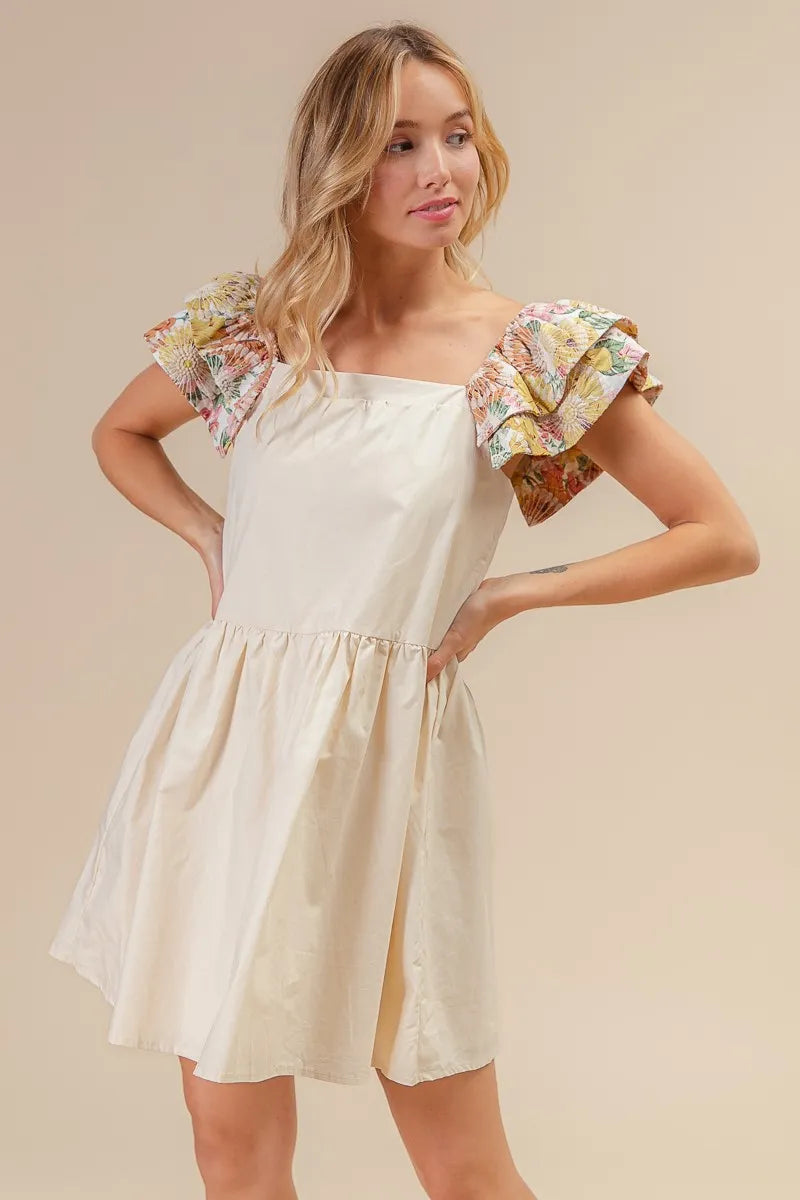 Image of BiBi Flower Embroidered Floral Print Sleeve Dress | Queeble.shop