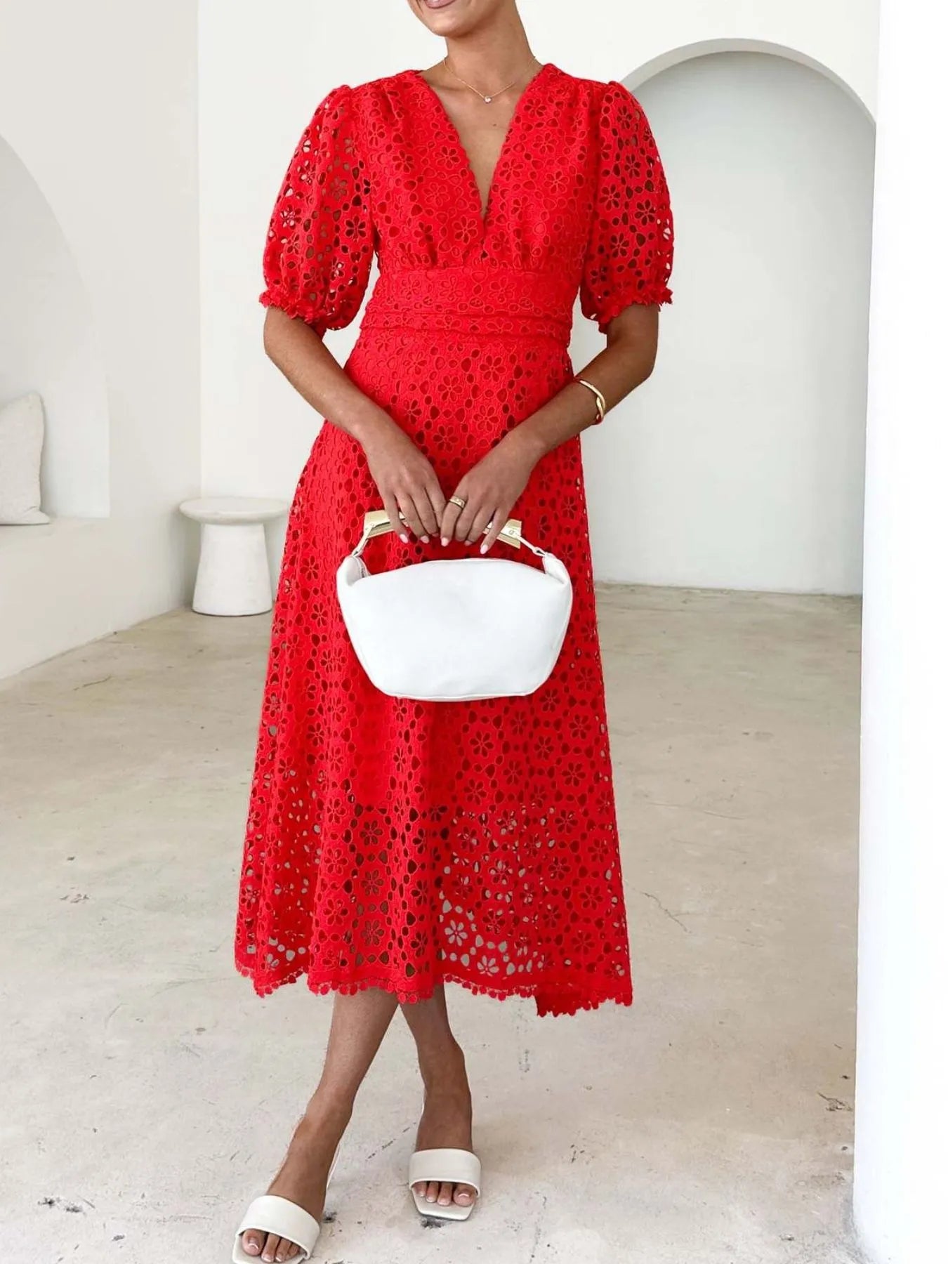 Image of Eyelet Lace V-Neck Midi Dress with Puff Sleeves | Queeble.shop