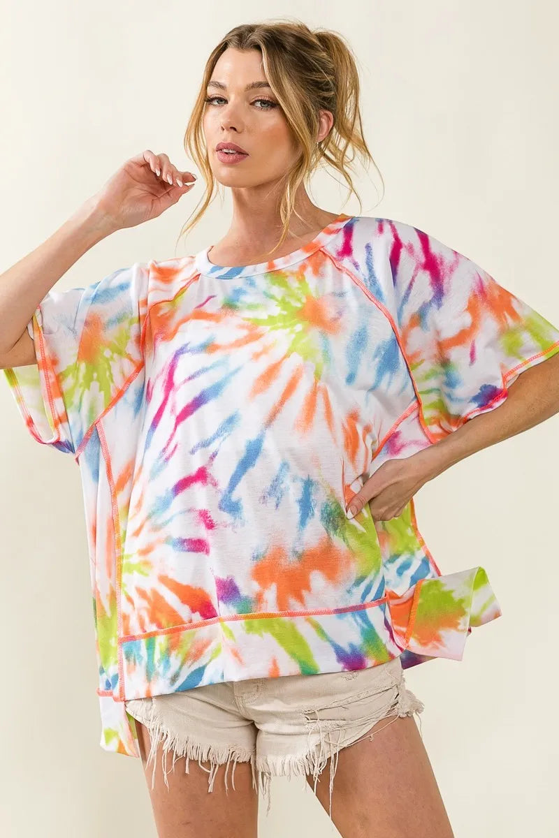 Image of BiBi Tie Dye Print Jersey Stitched Uneven Hem Top | Queeble.shop