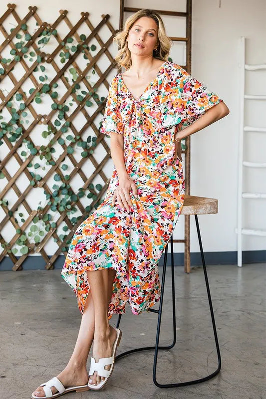 Image of Lime 'N' Chili Floral Print Sweetheart Neck Tie Front Midi Dress | Queeble.shop