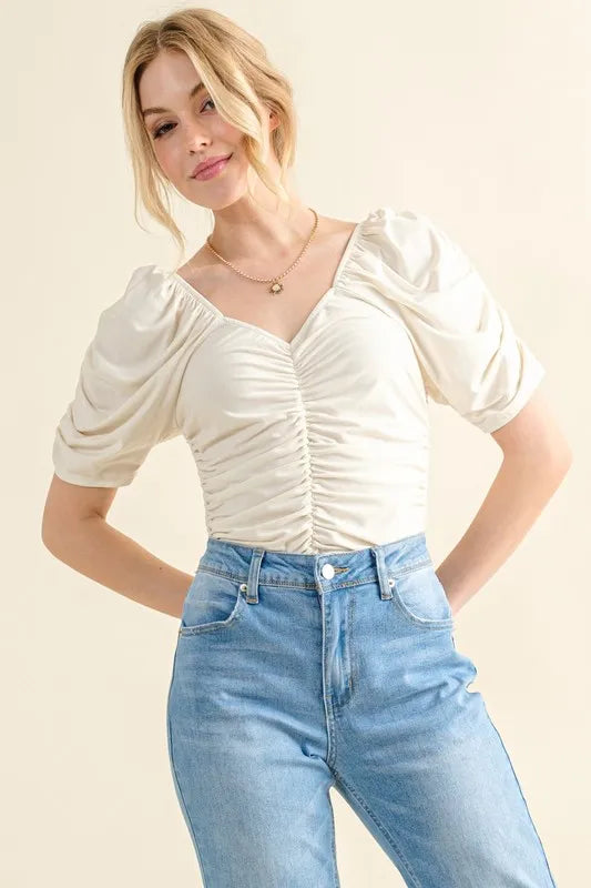 Image of And The Why Buttery Soft Ruched Detailed Jersey Bodysuit | Queeble.shop