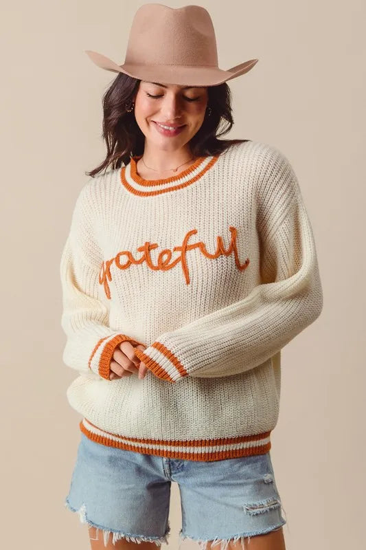 Image of SO ME Thanksgiving Grateful Lettering Stitch Sweater | Queeble.shop