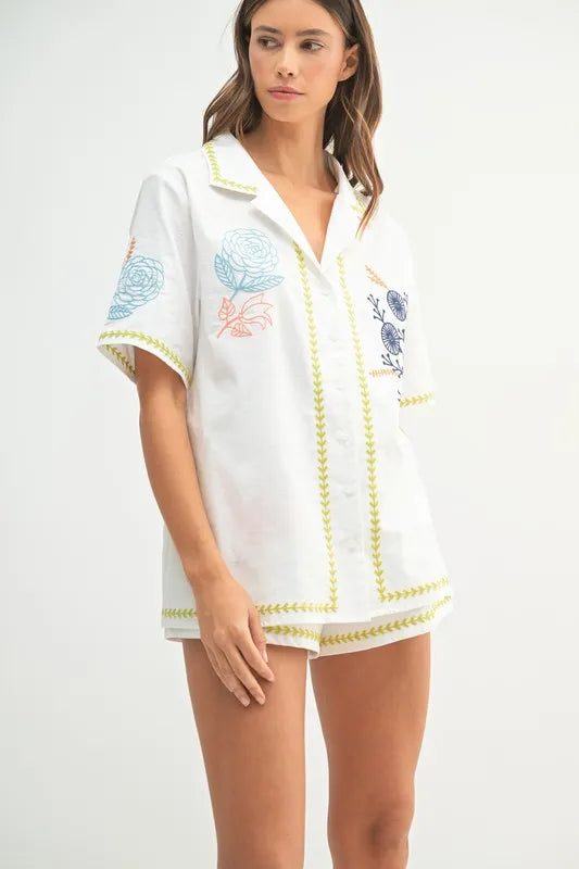 Image of MABLE Embroidered Button Down Shirt and Shorts Set | Queeble.shop