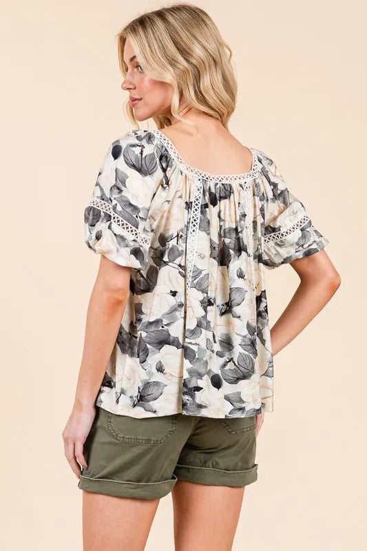Image of Lime 'N' Chili Floral Print Lace Trim Puff Sleeve Blouse | Queeble.shop