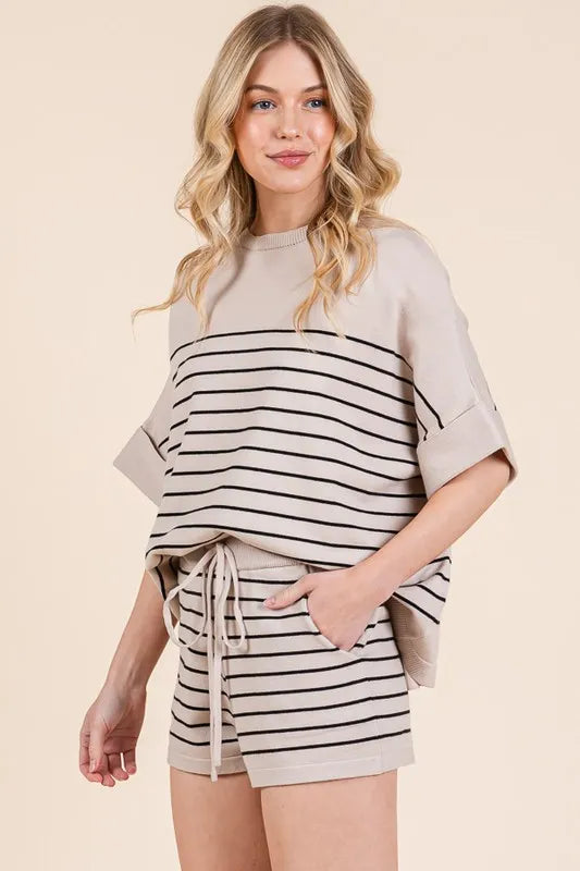 Image of Lime 'N' Chili Striped Folded Half Sleeve Top and Shorts Set | Queeble.shop