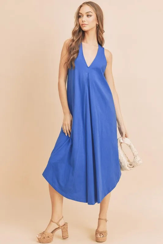 Image of Aemi + Co Front Pleat Detail V-Neck Sleeveless Midi Dress | Queeble.shop