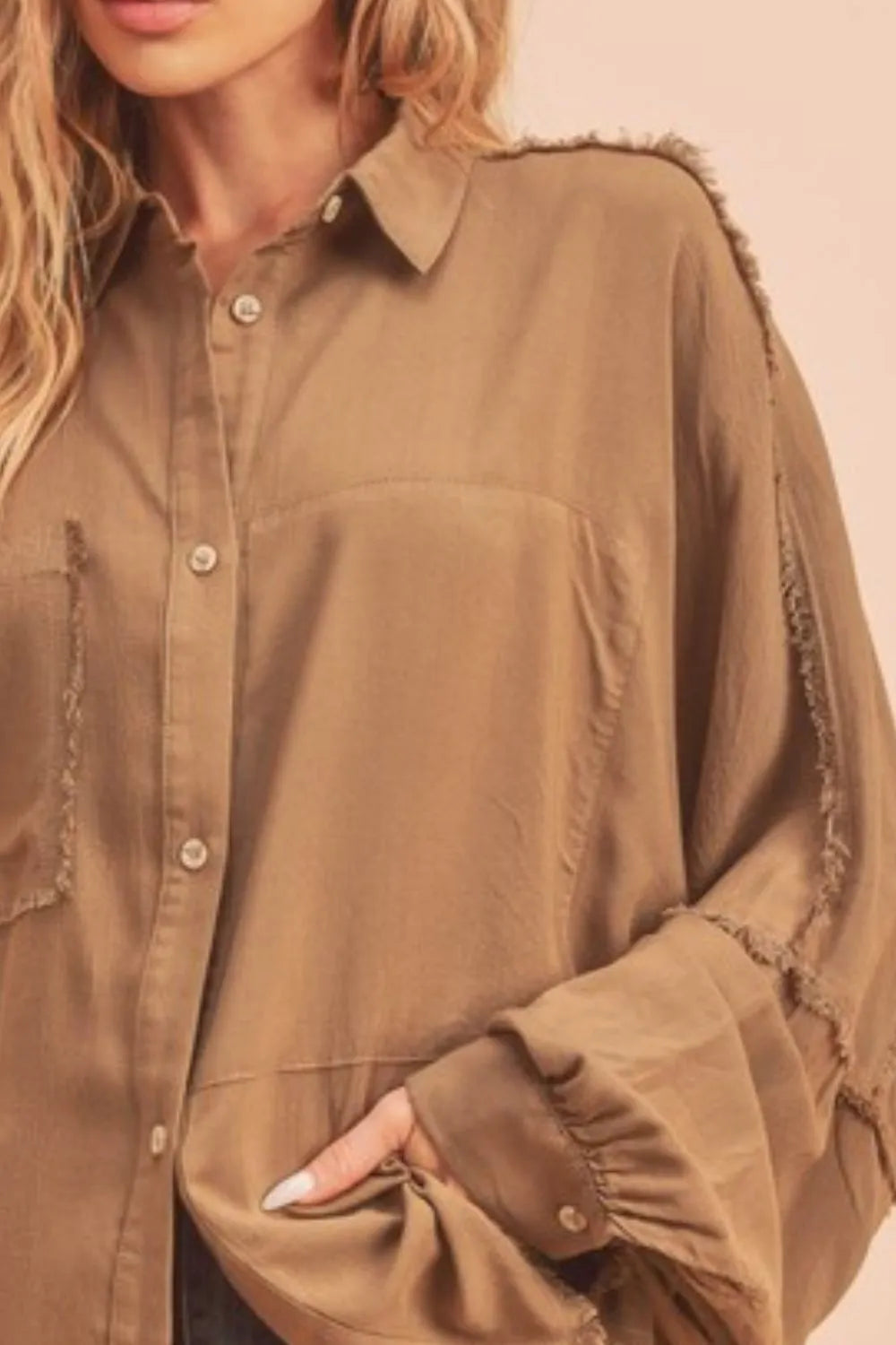 Image of Aemi + Co Raw Edge Exposed Seam Collared Neck Long Sleeve Shirt | Queeble.shop