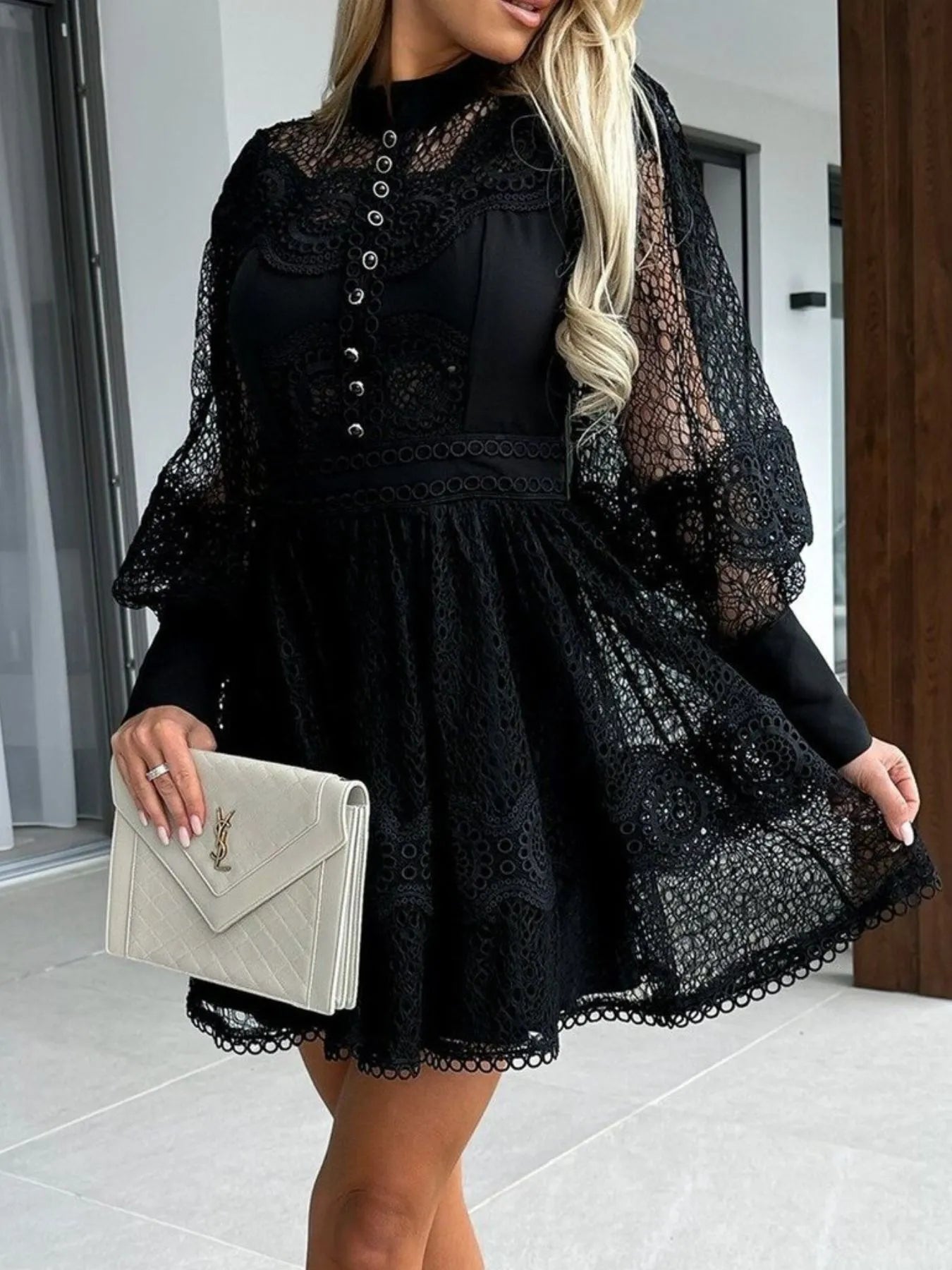 Image of Lace Lantern Sleeve Mini Dress | Queeble.shop