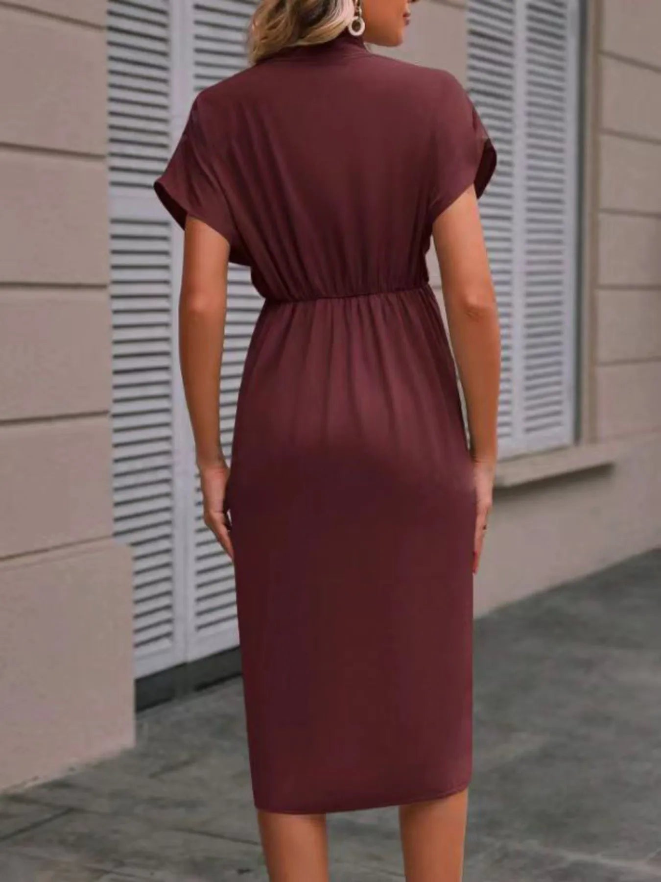 Image of Ruched Surplice Short Sleeve Dress | Queeble.shop