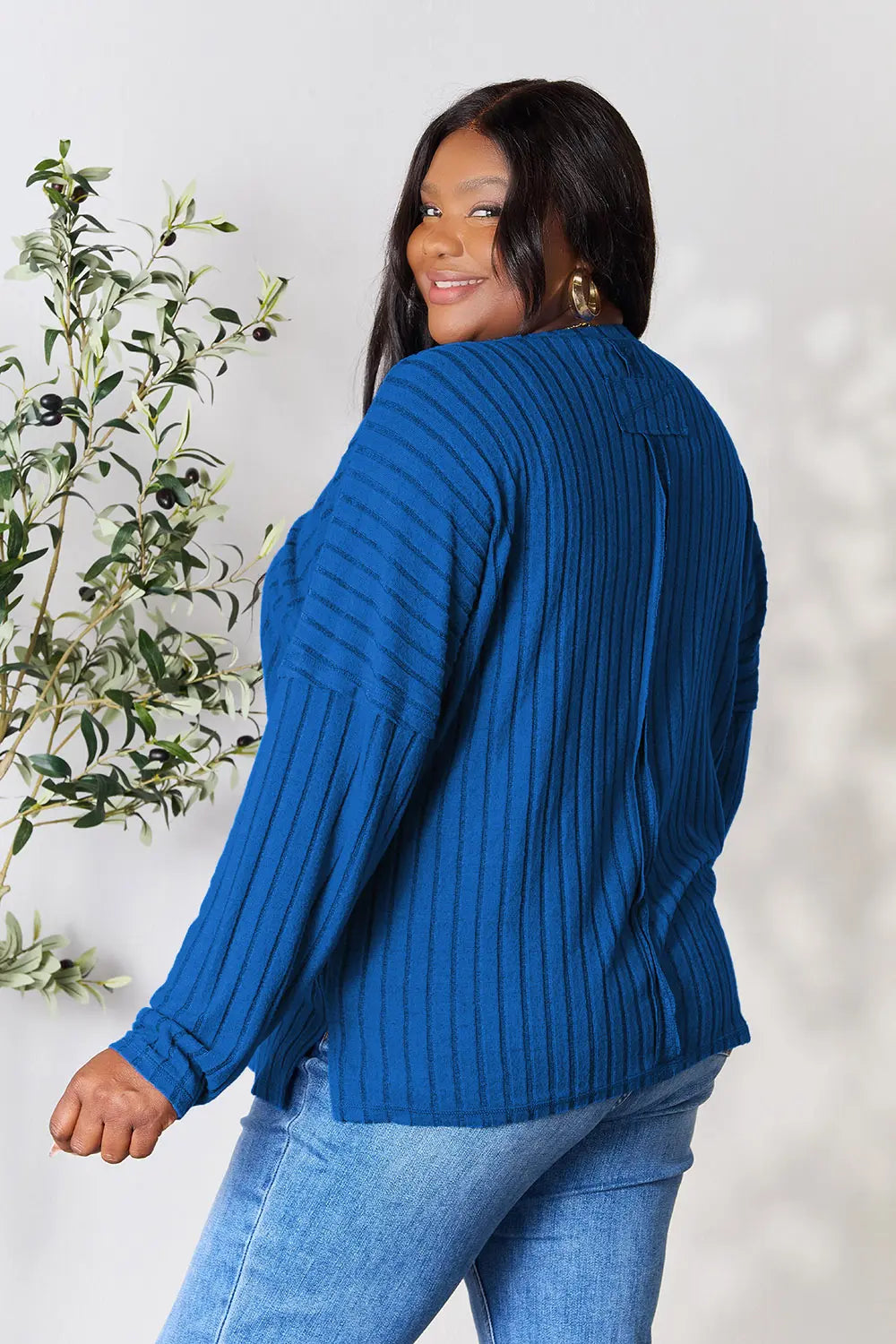 Image of Basic Bae Full Size Ribbed Round Neck Slit Knit Top | Queeble.shop