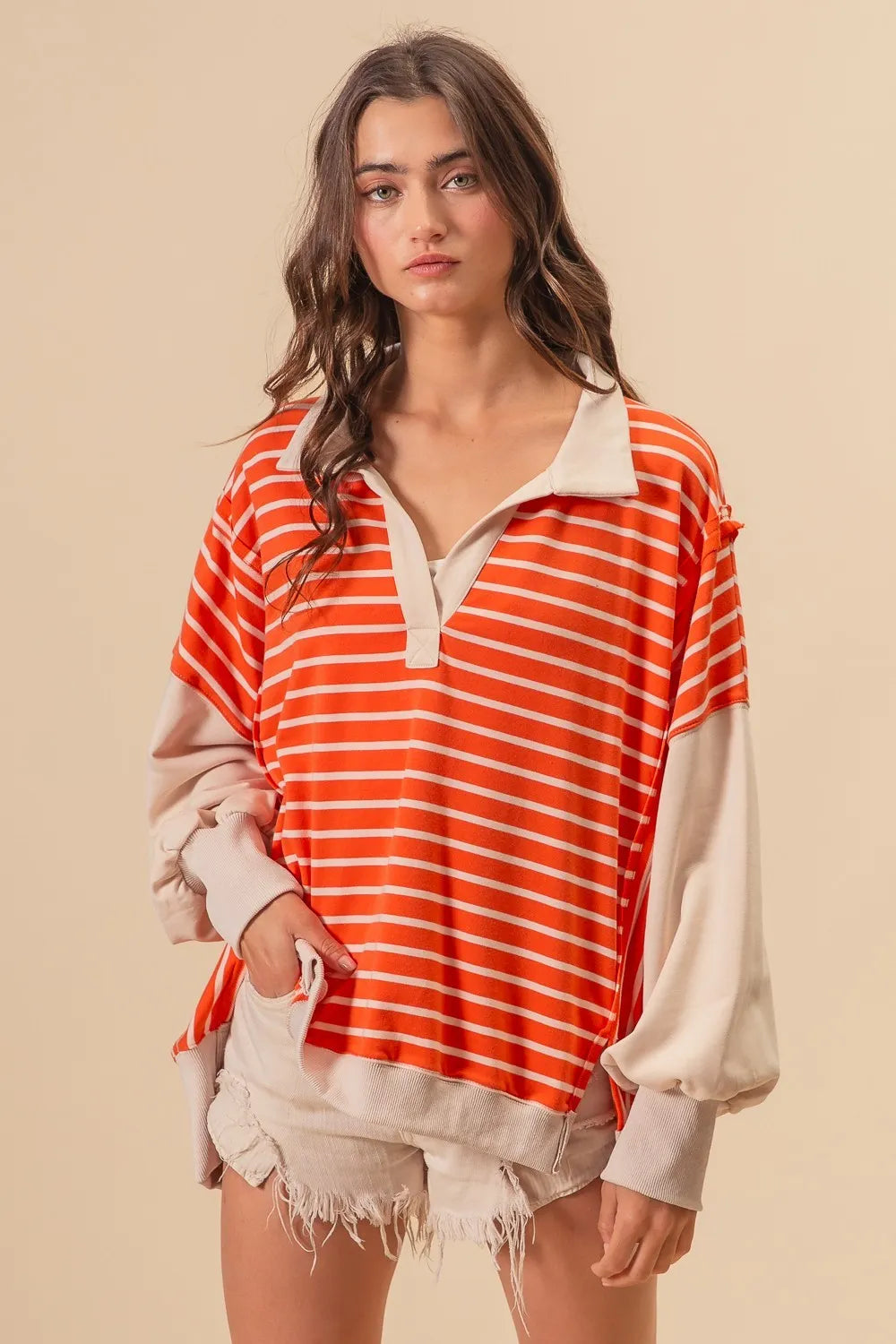 Image of BiBi Stripe Knit Loose Fit Top With Cut Edge Detail | Queeble.shop