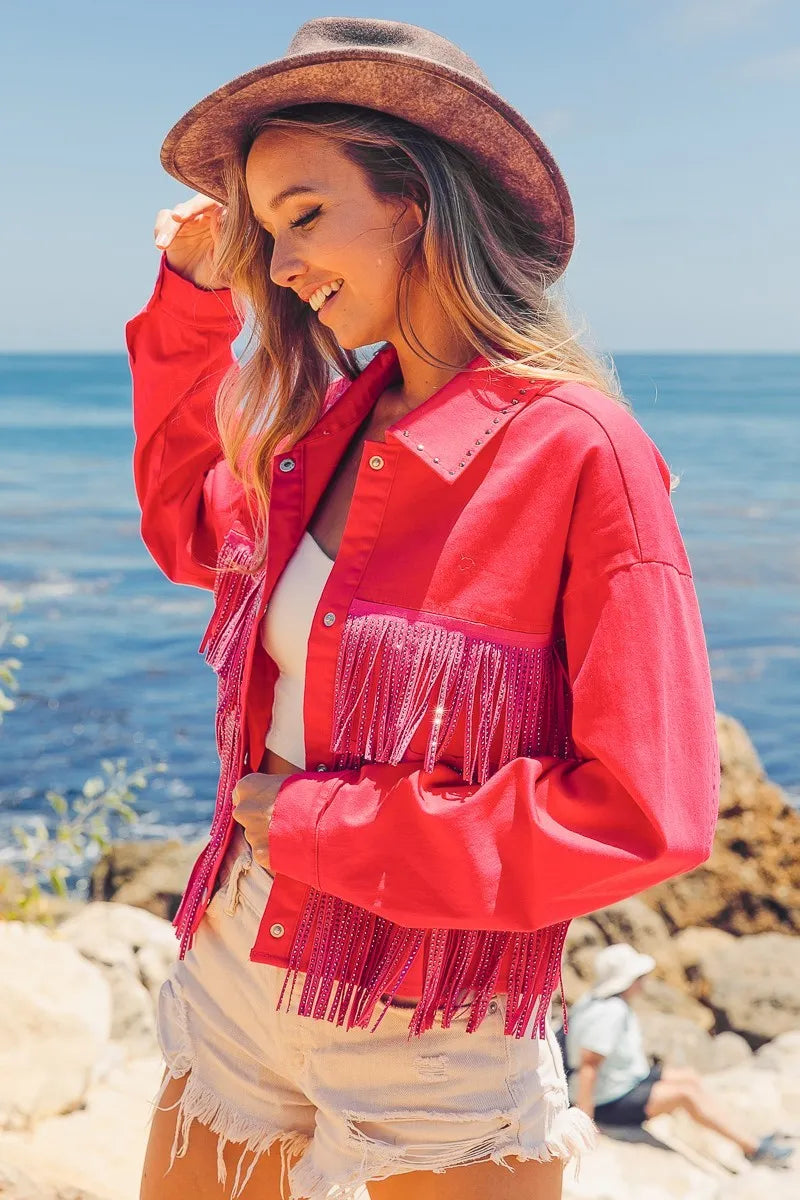 Image of BiBi Rhinestone Fringe with Studed Collar Jacket | Queeble.shop