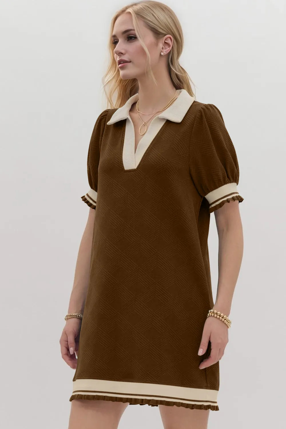 Image of Oh Frill Contrast Trim Johnny Collar Short Sleeve Mini Dress | Queeble.shop