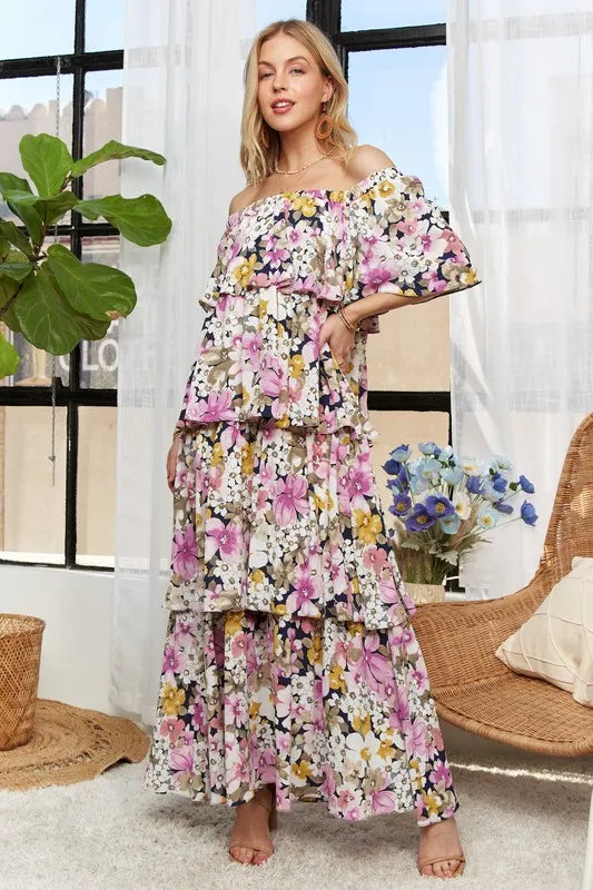 Image of ADORA Layered Floral Off-Shoulder Short Sleeve Maxi Dress | Queeble.shop