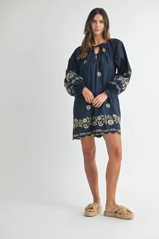 Image of MABLE Embroidered Long Sleeve Peasant Mini Dress | Queeble.shop