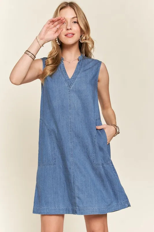 Image of ADORA Notched Sleeveless Denim Dress with Pockets | Queeble.shop