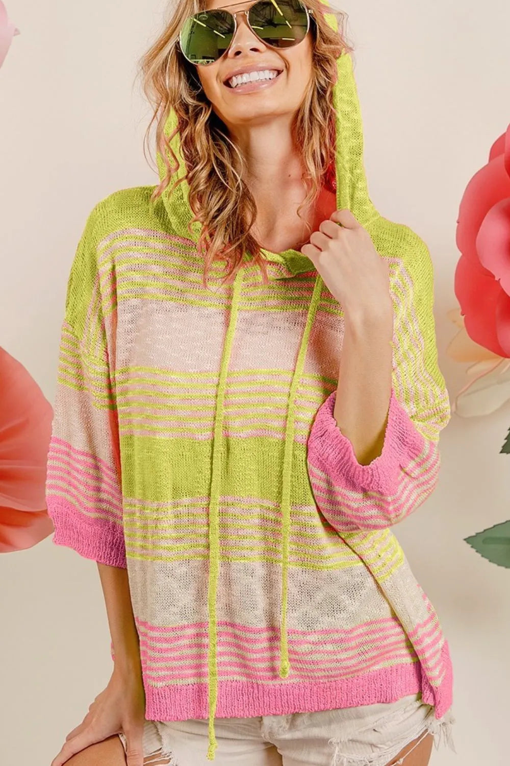 Image of BiBi Short Sleeve Stripe Low Gauge Knit Hoodie | Queeble.shop