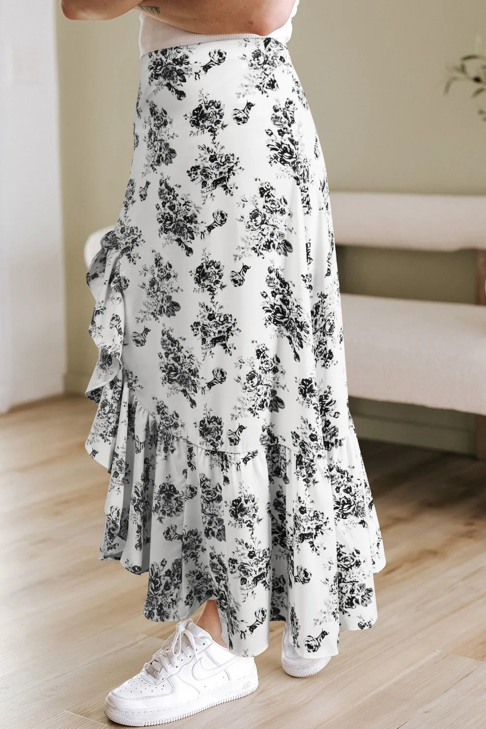 Image of Boho Floral High Waist Ruffle Split Maxi Skirt | Queeble.shop
