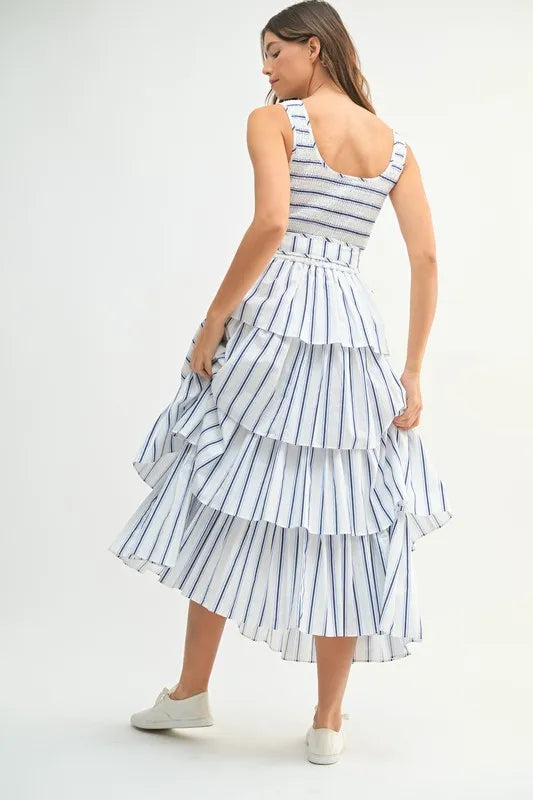 Image of MABLE Pin Stripe Smocked Bodice Layered Midi Dress | Queeble.shop