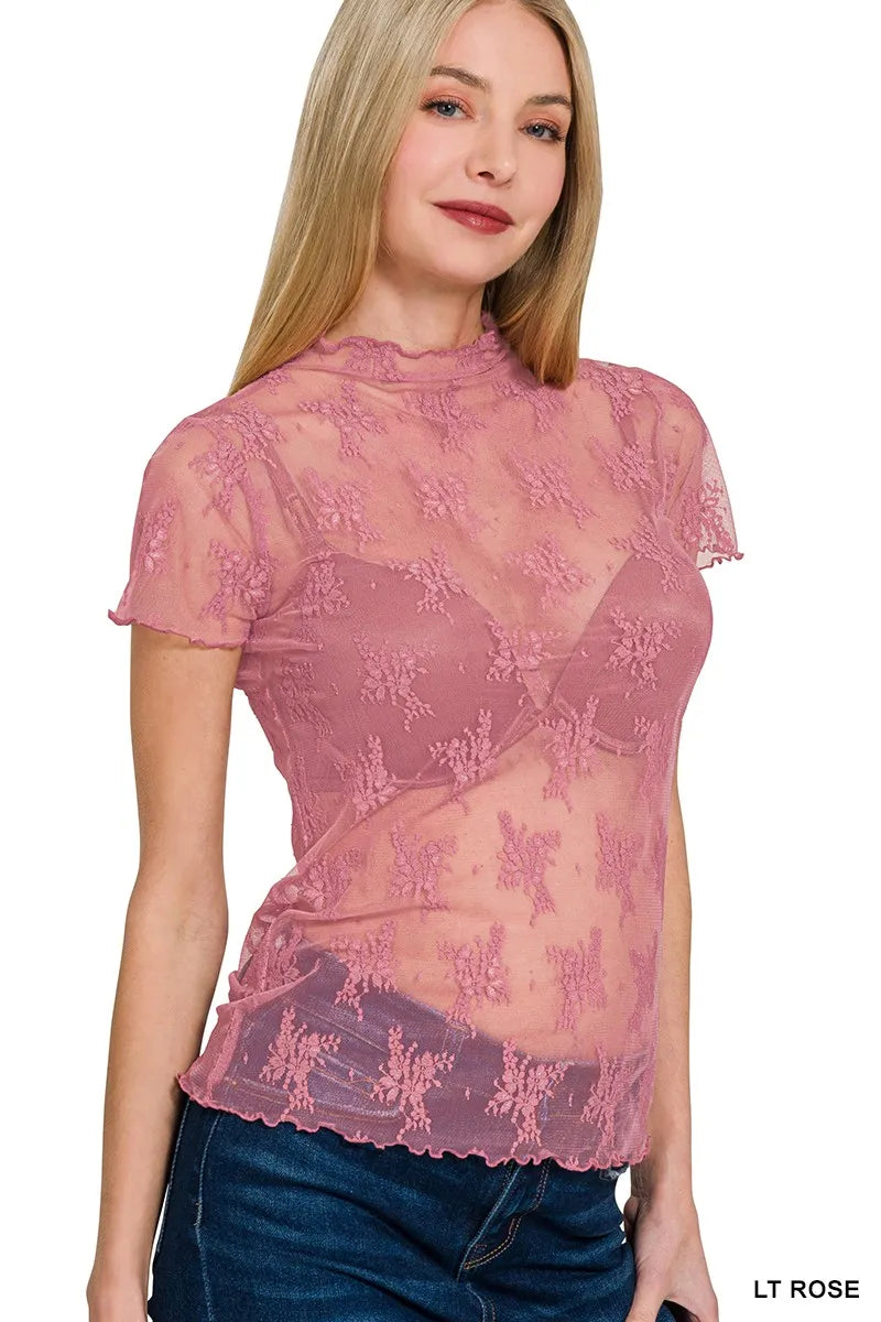 Image of Zenana Lace See-through Layering Short Sleeve Top | Queeble.shop