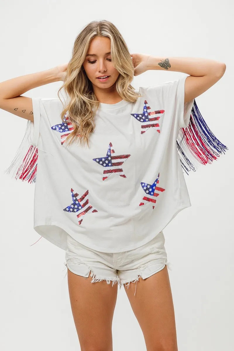 Image of BiBi American Flag Sequin Star Fringe Top | Queeble.shop