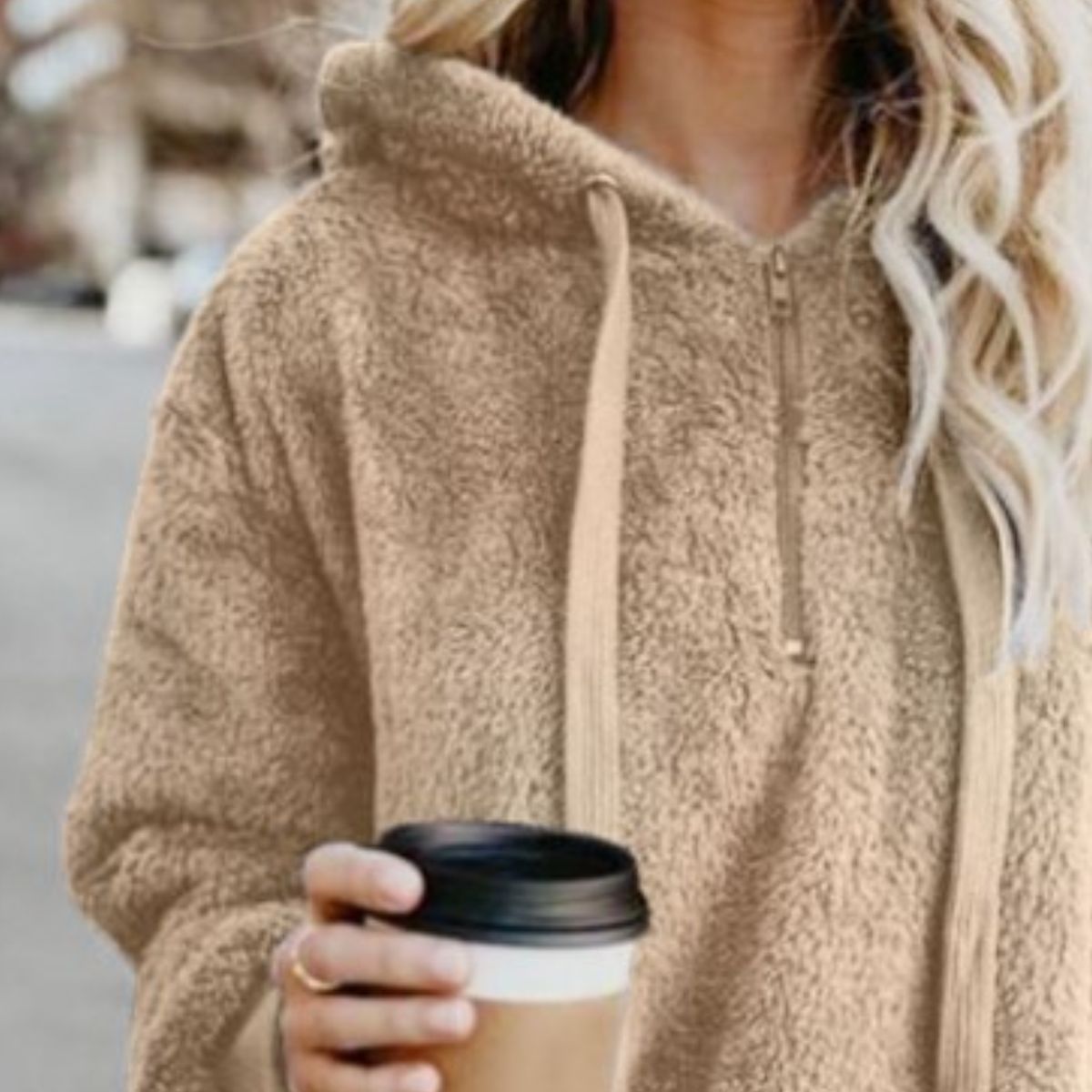Image of Full Size Quarter-Zip Drawstring Teddy Hoodie | Queeble.shop