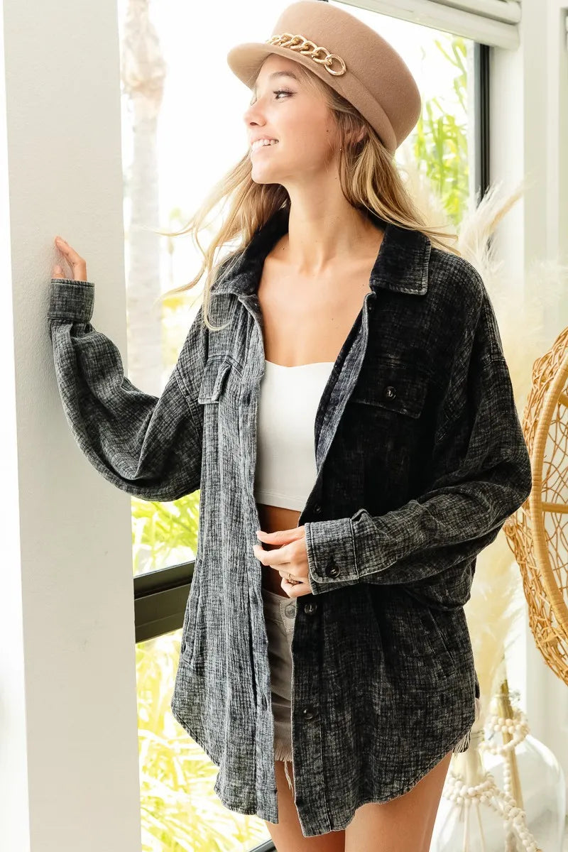 Image of BiBi Vintage Washed Wrinkle Gauze Shacket | Queeble.shop