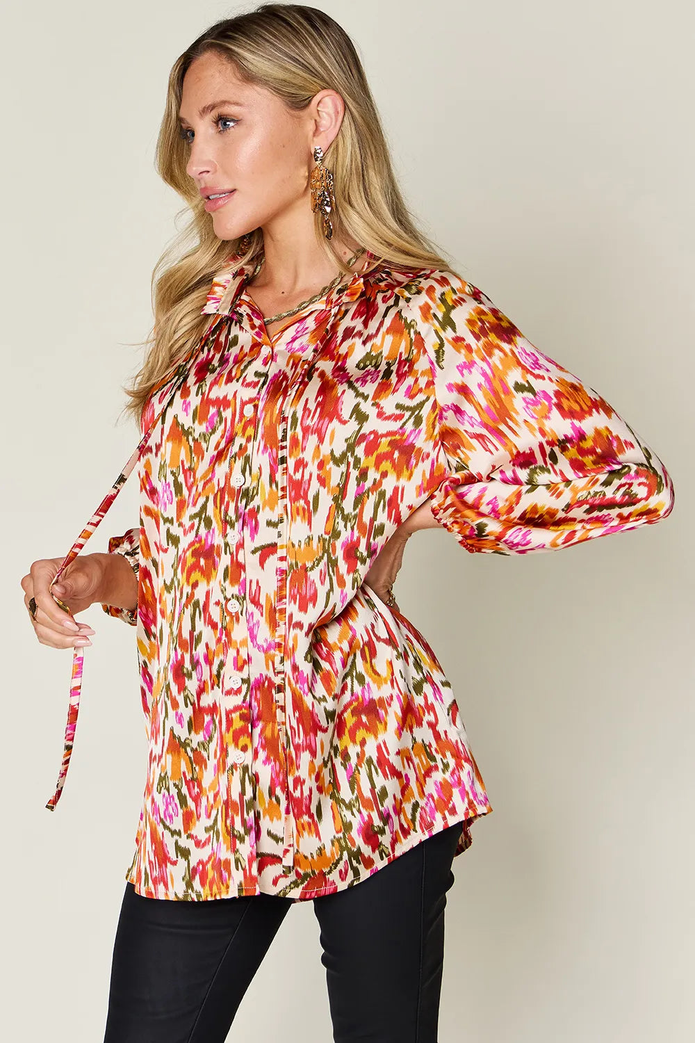 Image of Double Take Full Size Printed Button Up Long Sleeve Shirt | Queeble.shop