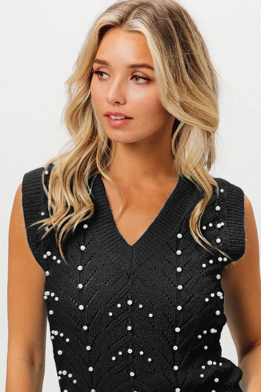 Image of BiBi Chevron Pointelle Pearl Knit Top | Queeble.shop
