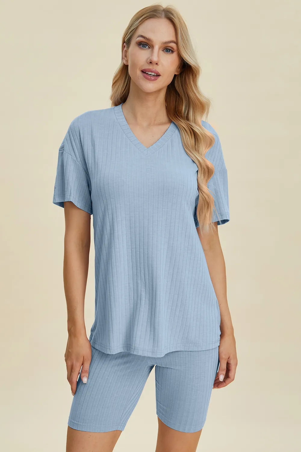 Image of Basic Bae Full Size Ribbed V-Neck Short Sleeve Top and Shorts Set | Queeble.shop