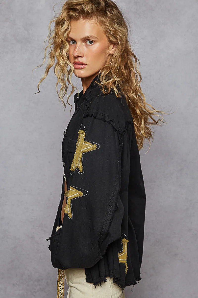 Image of POL Star Patch Raw Hem Button Up Denim Jacket | Queeble.shop