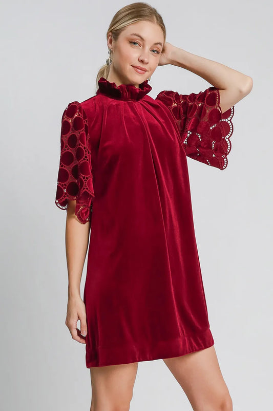 Image of Umgee Dotted Lace Half Sleeve Mock Neck Back Tie Velvet Dress | Queeble.shop