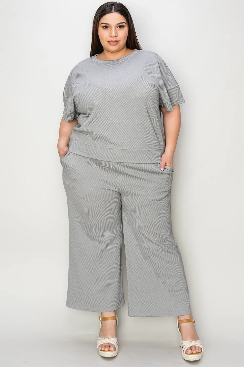 Image of Double Take Full Size Texture Short Sleeve Top and Pants Set | Queeble.shop