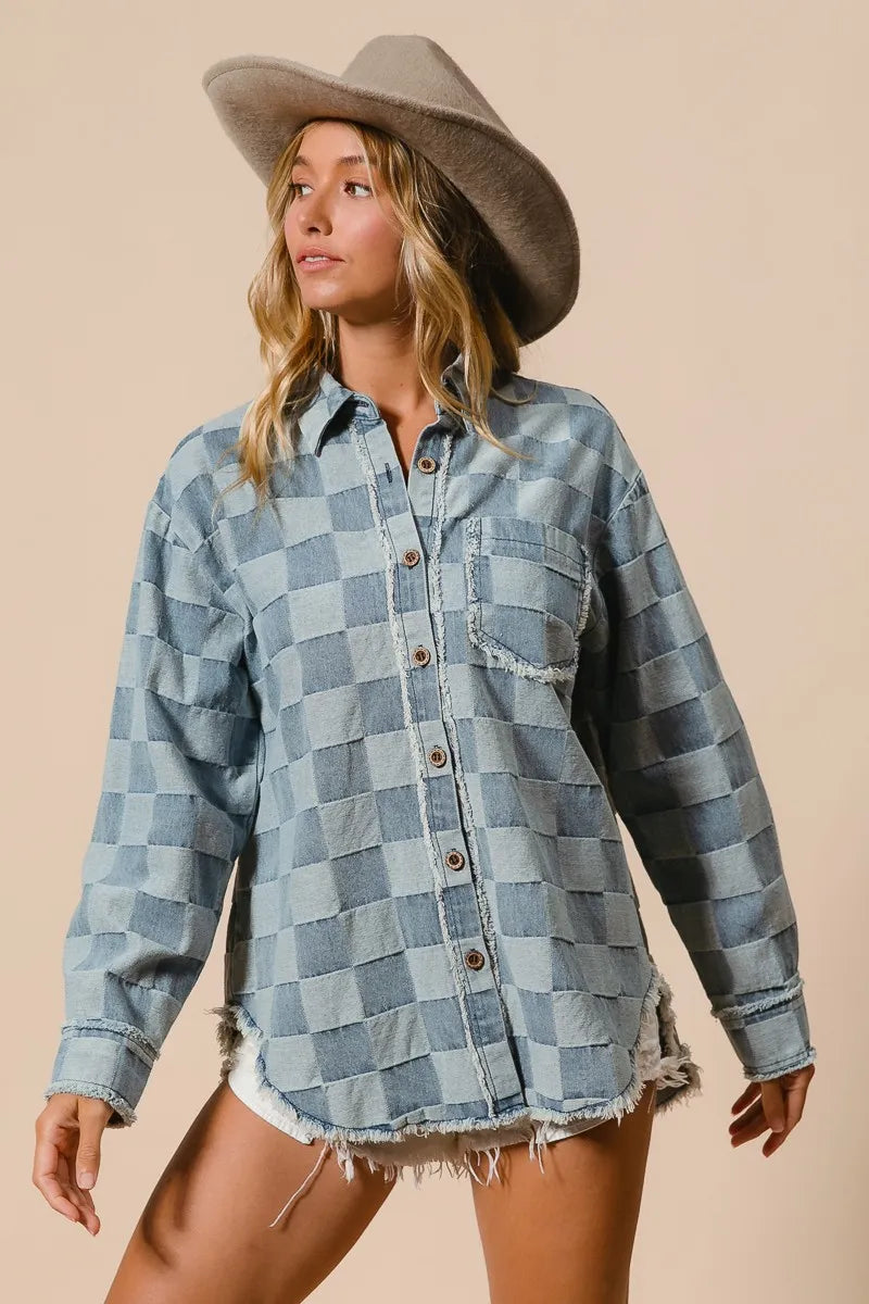 Image of BiBi Frayed Edged Detail Washed Checker Denim Shirt | Queeble.shop