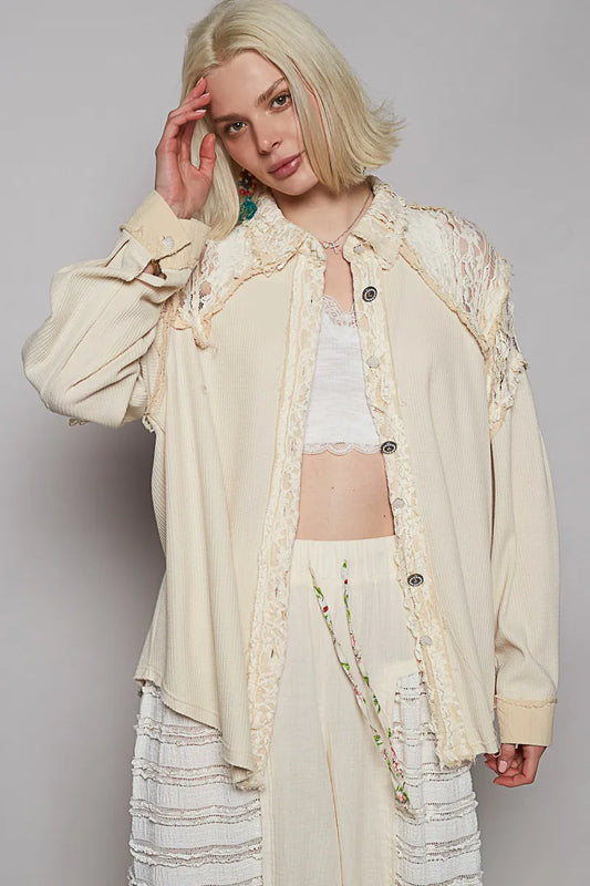 Image of POL Lace Patchwork Button Up Shacket | Queeble.shop