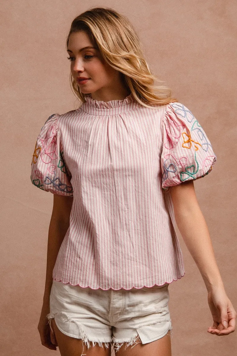 Image of BiBi Embroidery Bubble Sleeve Top With Bottom Scallop Detail | Queeble.shop