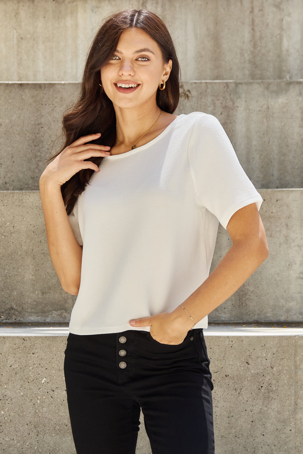 Image of And The Why Pearly White Full Size Criss Cross Pearl Detail Open Back T-Shirt | Queeble.shop