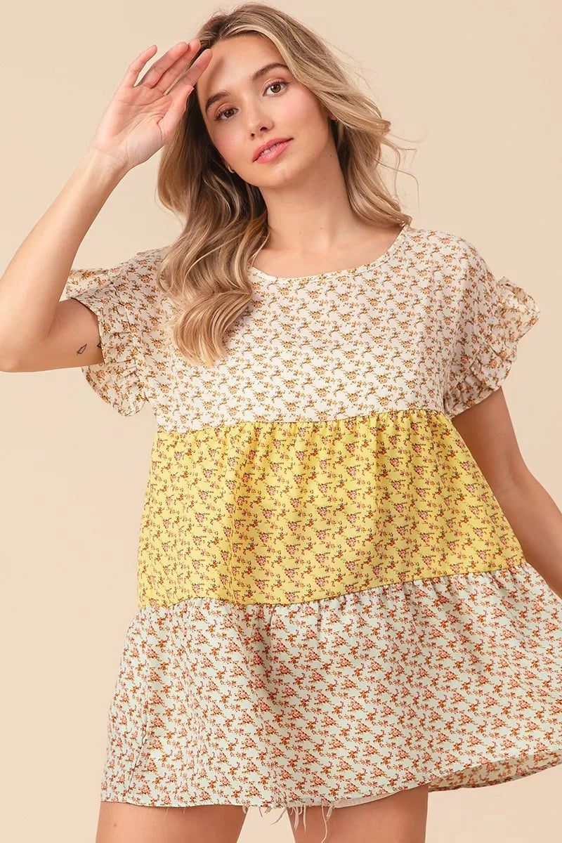 Image of BiBi Flroal Printed Woven Color Block and Tiered Top | Queeble.shop