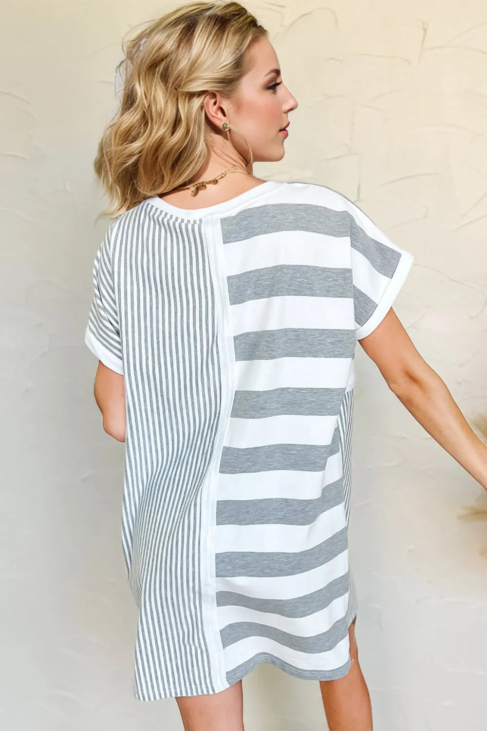 Image of Oh Full Size Striped Round Neck Short Sleeve Mini Tee Dress | Queeble.shop
