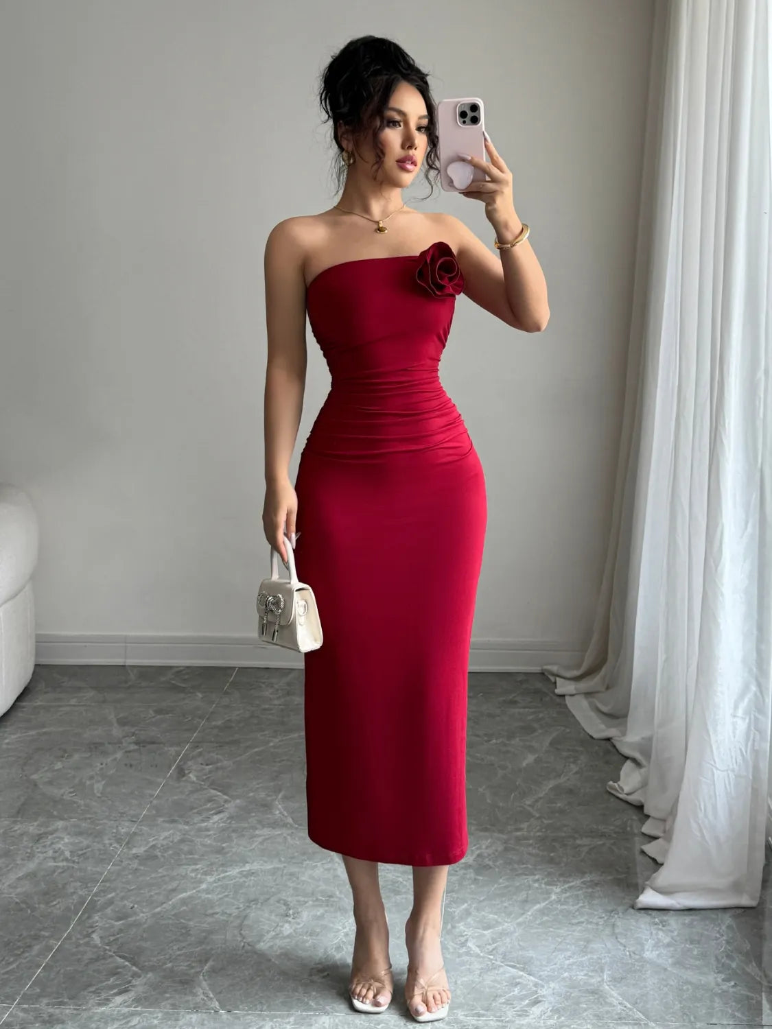 Image of Slit Back Flower Tube Midi Dress | Queeble.shop