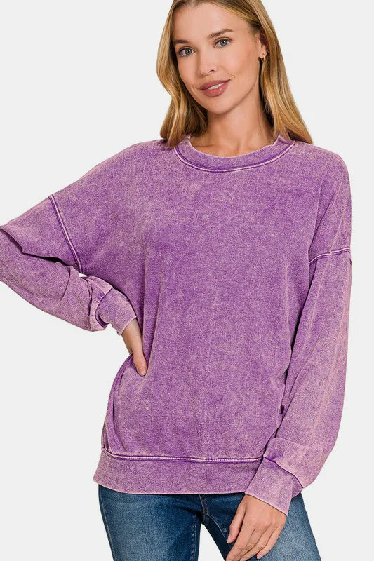 Image of Zenana Washed Round Neck Dropped Shoulder Sweatshirt | Queeble.shop