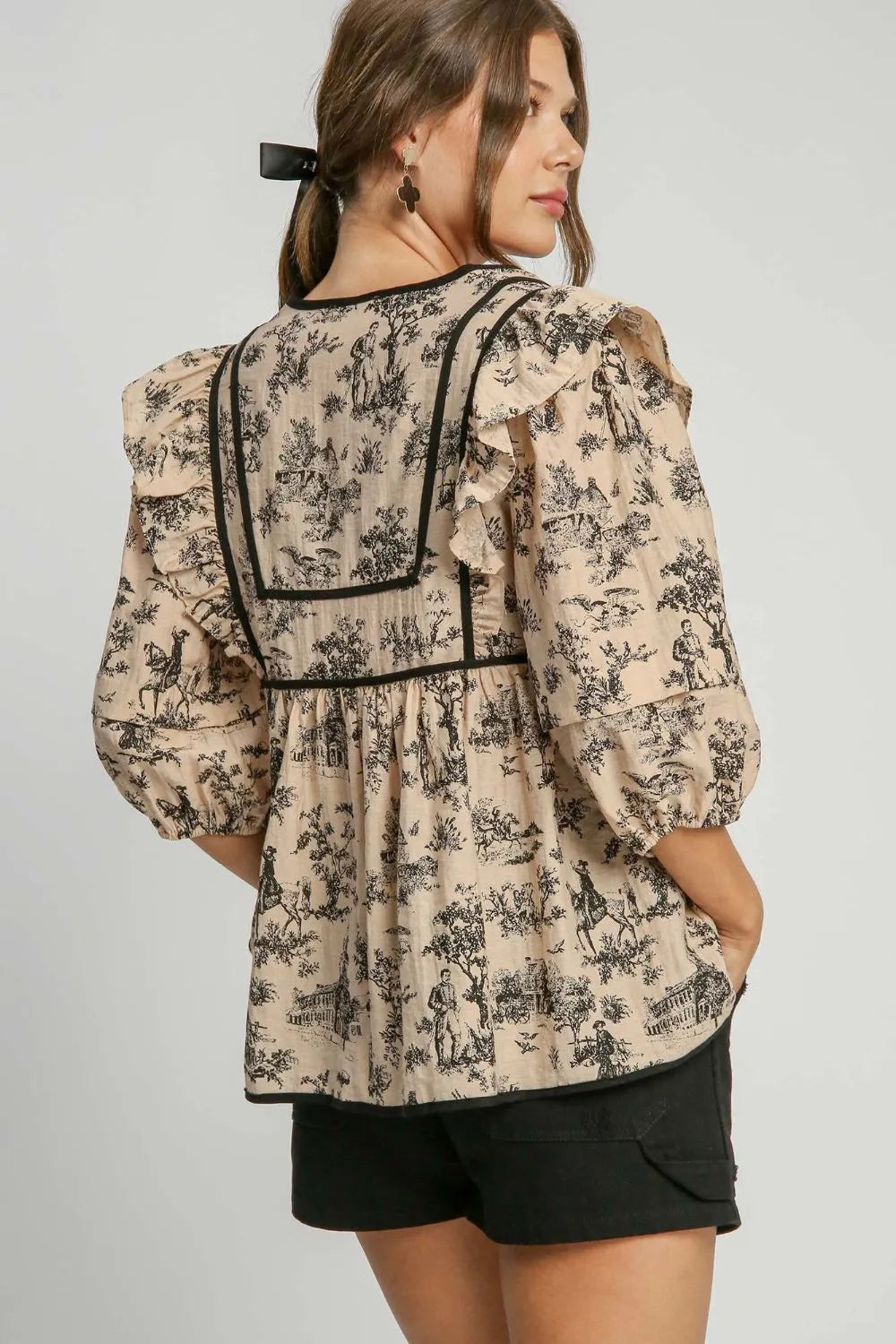 Image of Umgee Ruffled Tie Neck Puff Sleeve Babydoll Blouse | Queeble.shop