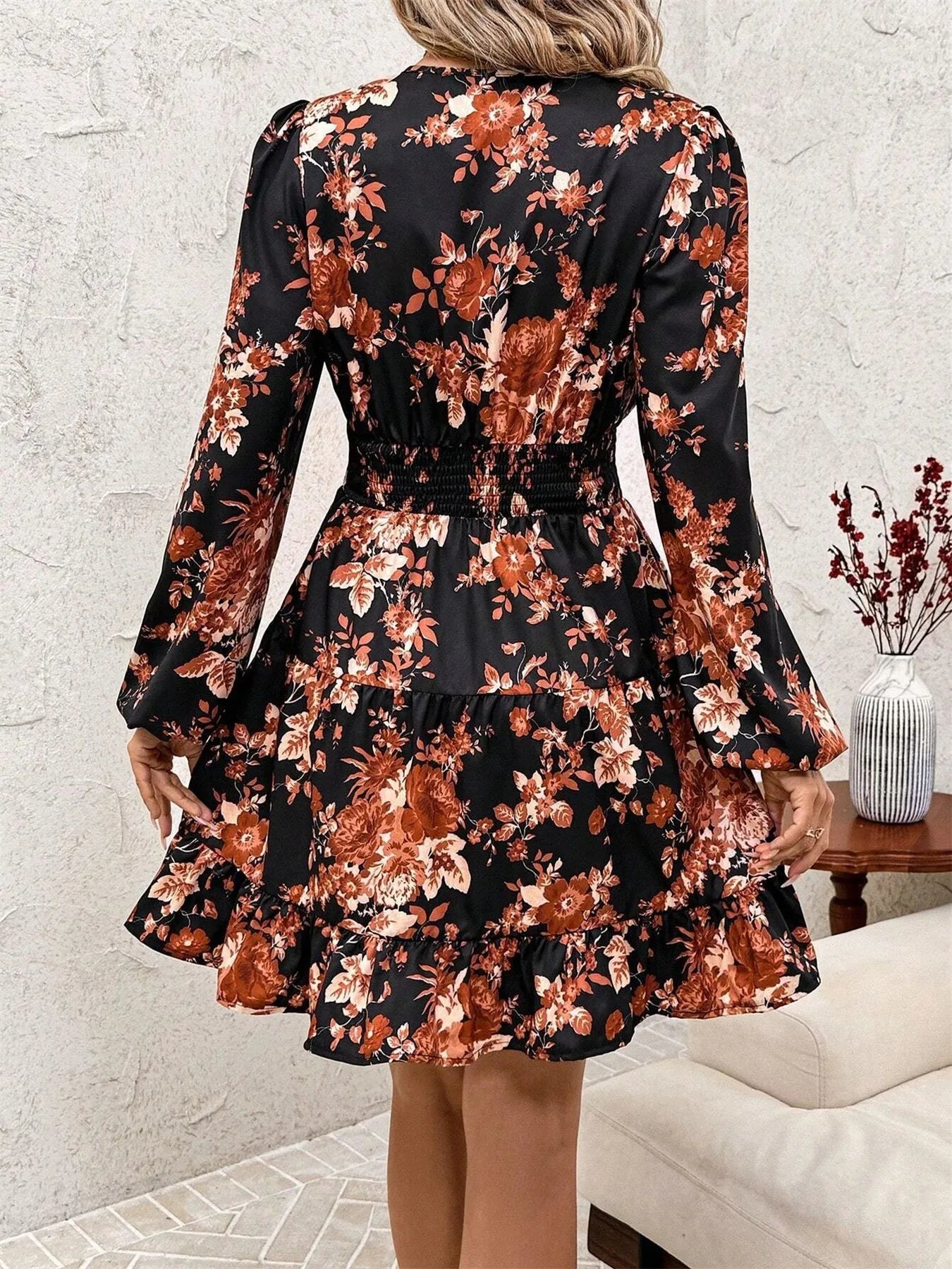 Image of Floral Print Long Sleeve Dress with Ruffle Hem | Queeble.shop