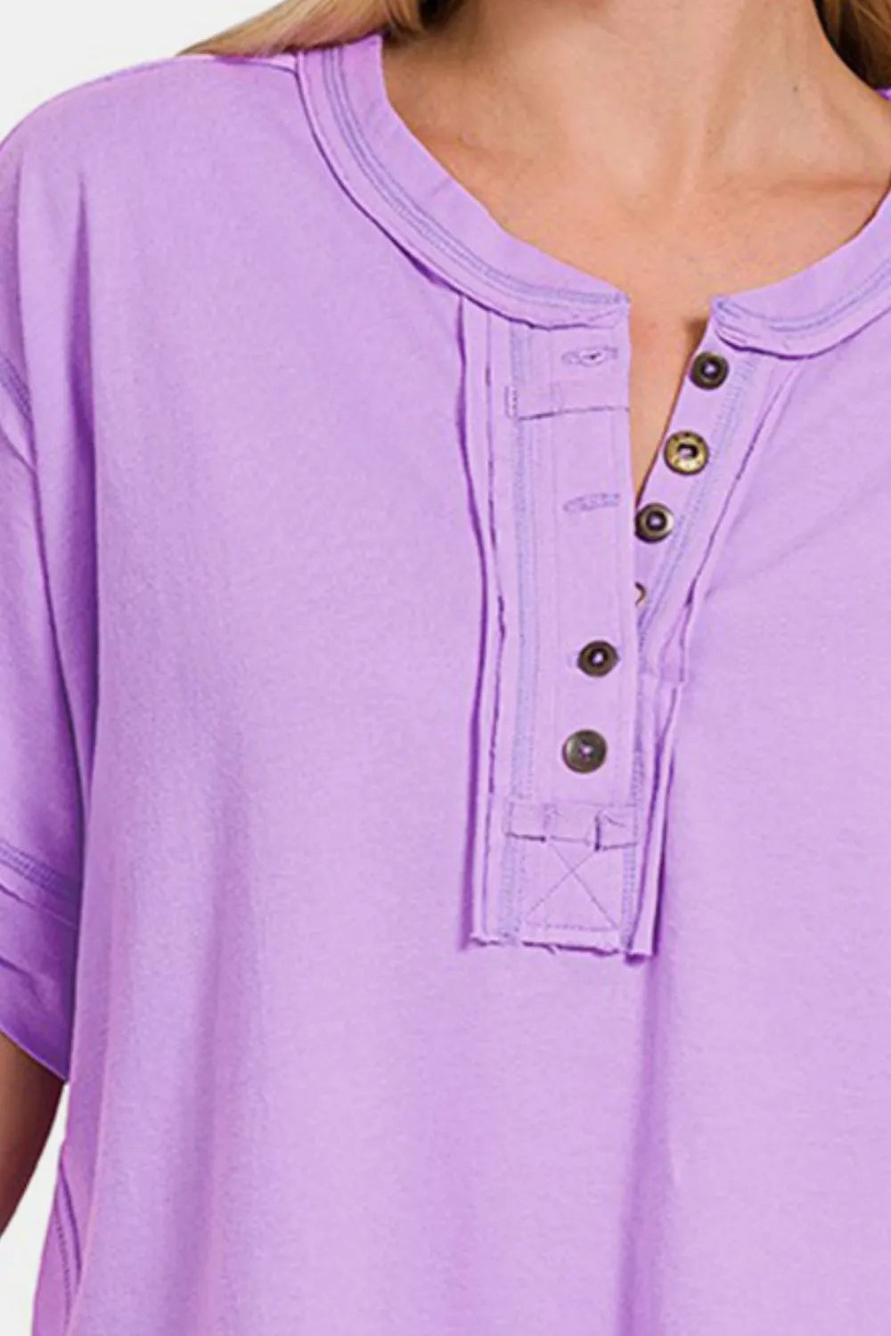 Image of Zenana Exposed Seam Half Button Short Sleeve Top | Queeble.shop