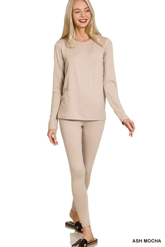 Image of Zenana Microfiber Round Neck Top and Leggings Set | Queeble.shop
