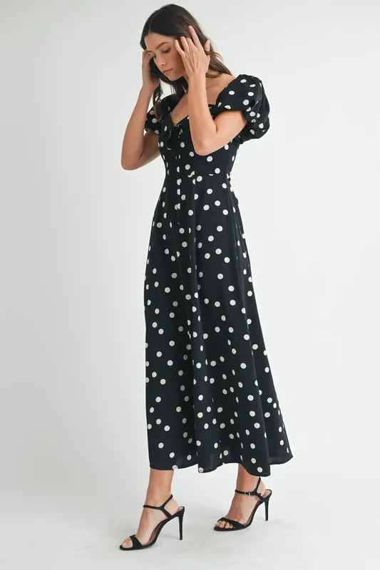 Image of MABLE Polka Dot Puff Sleeve Midi Dress | Queeble.shop