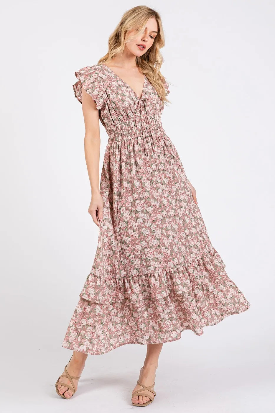 Image of Mittoshop Flower Print Ruffle Cap Sleeve V-neck Midi Dress | Queeble.shop
